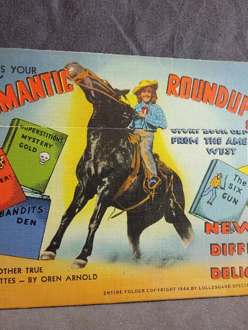 1944 Oren Arnold Romantic Roundup Western Postcard Storiettes Folder Tucson AZ M